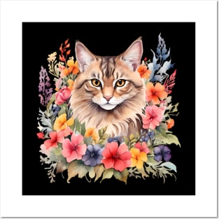 A norwegian forest cat decorated with beautiful watercolor flowers Posters and Art